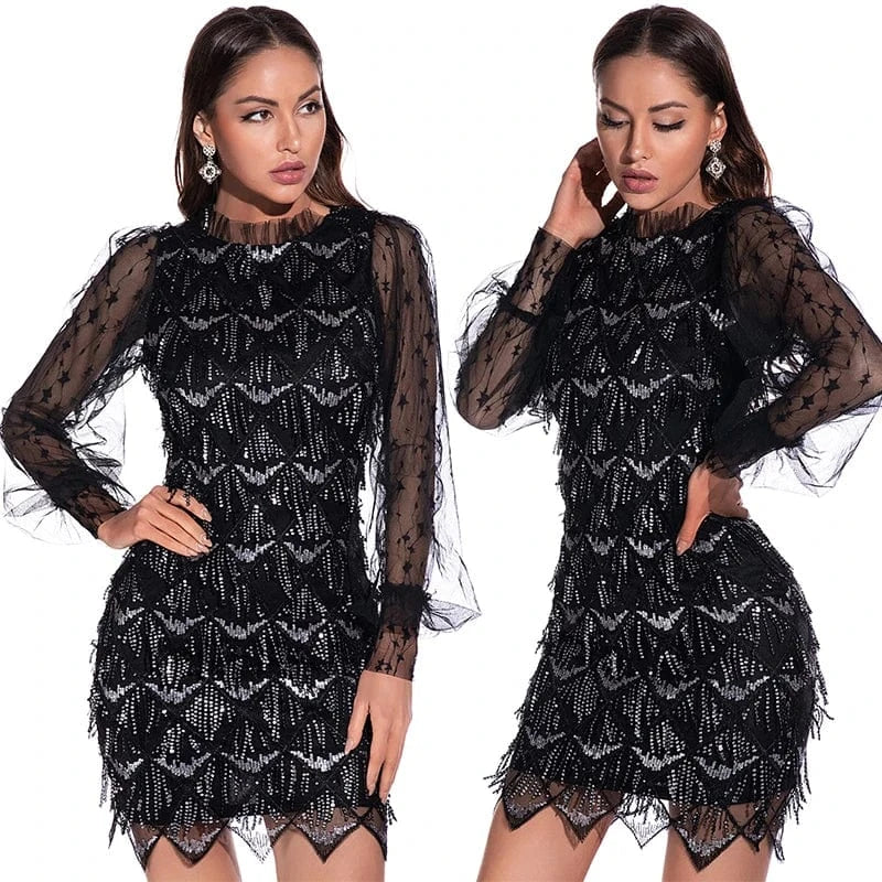Tassel Embroidered Sequin Dress Sexy Mesh Long Sleeve Women Party Evening Dress 2022 Discounted Price Fashion Full Stand Vintage