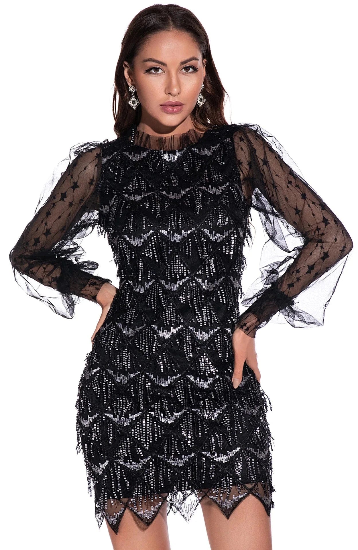 Tassel Embroidered Sequin Dress Sexy Mesh Long Sleeve Women Party Evening Dress 2022 Discounted Price Fashion Full Stand Vintage