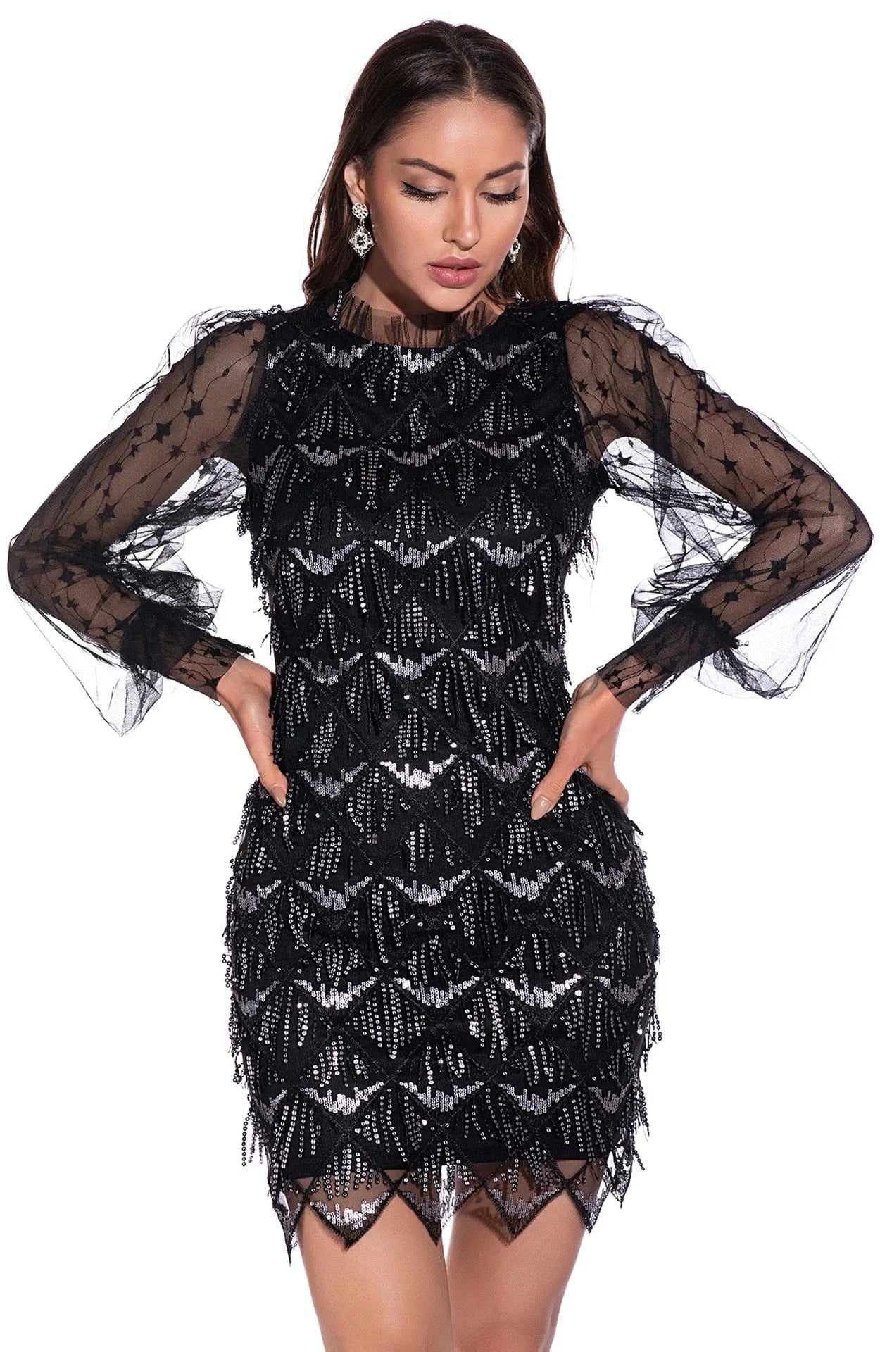 Tassel Embroidered Sequin Dress Sexy Mesh Long Sleeve Women Party Evening Dress 2022 Discounted Price Fashion Full Stand Vintage