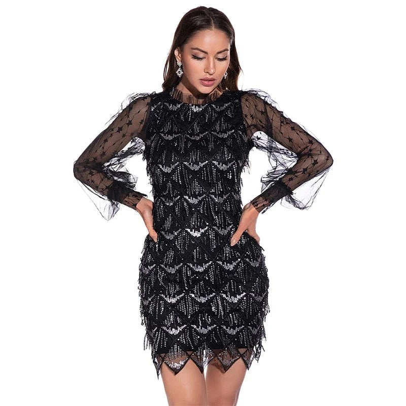 Tassel Embroidered Sequin Dress Sexy Mesh Long Sleeve Women Party Evening Dress 2022 Discounted Price Fashion Full Stand Vintage