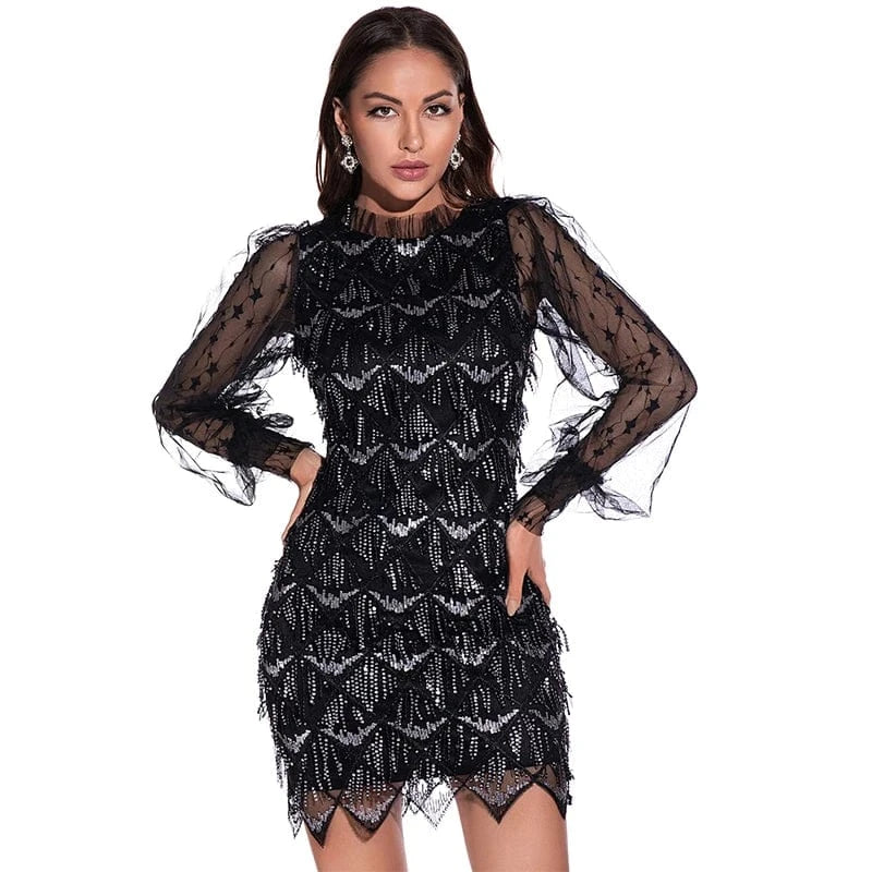 Tassel Embroidered Sequin Dress Sexy Mesh Long Sleeve Women Party Evening Dress 2022 Discounted Price Fashion Full Stand Vintage
