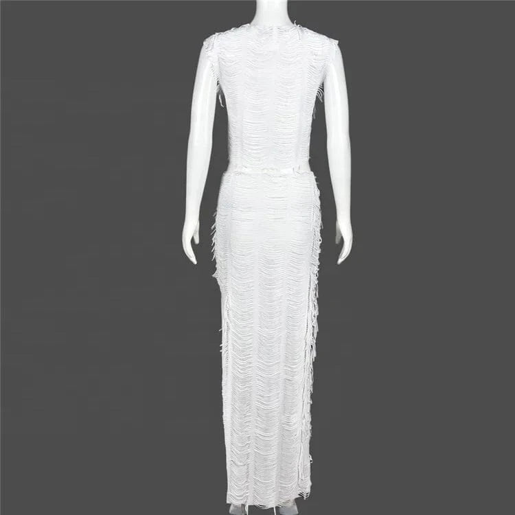 Tassel Maxi Skirt Set Women 2 Pieces 2024 Sexy Sleeveless Crop Top+Side Slit Bodycon Skirt Outfits Elegant Vacation Suit