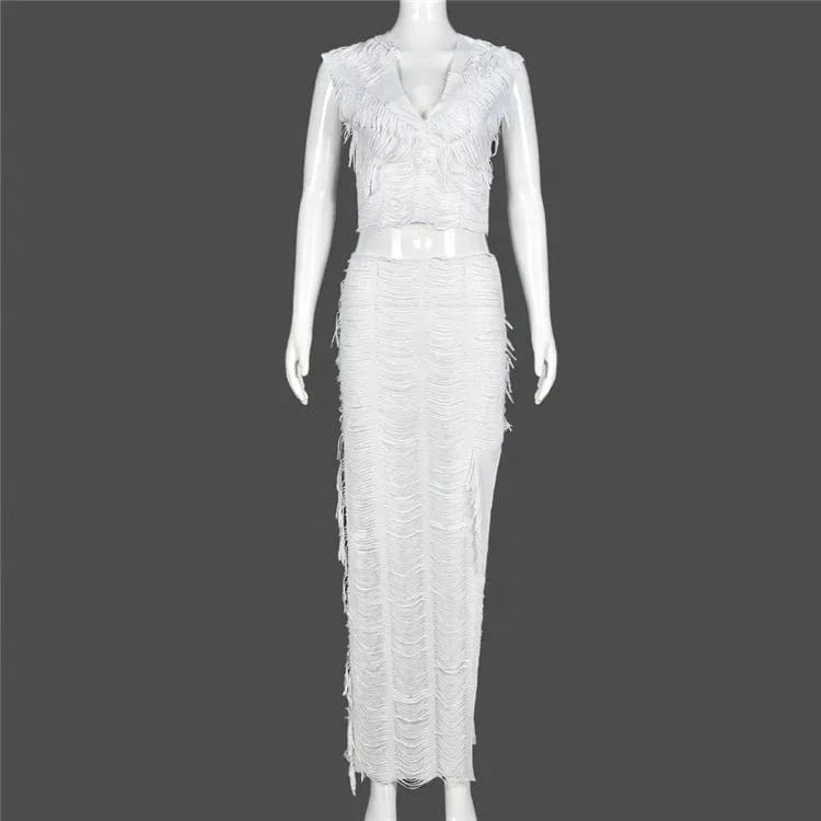 Tassel Maxi Skirt Set Women 2 Pieces 2024 Sexy Sleeveless Crop Top+Side Slit Bodycon Skirt Outfits Elegant Vacation Suit