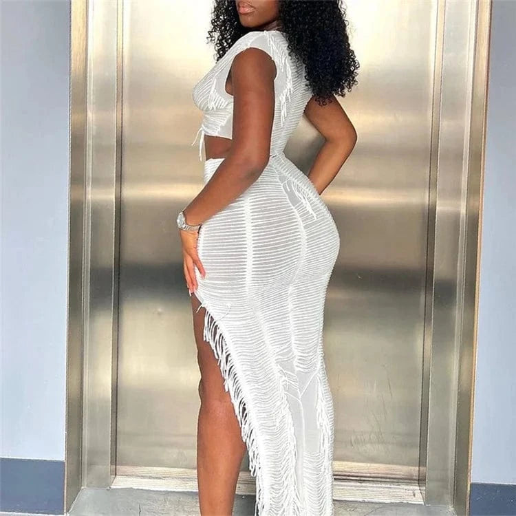 Tassel Maxi Skirt Set Women 2 Pieces 2024 Sexy Sleeveless Crop Top+Side Slit Bodycon Skirt Outfits Elegant Vacation Suit