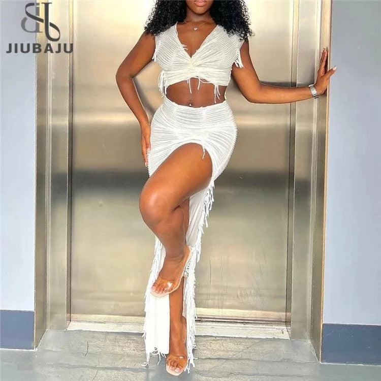 Tassel Maxi Skirt Set Women 2 Pieces 2024 Sexy Sleeveless Crop Top+Side Slit Bodycon Skirt Outfits Elegant Vacation Suit