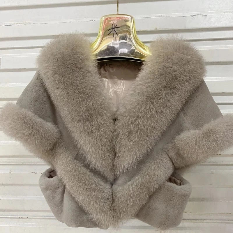 Taupe MWfur Fur Coat Short Women Fashion Luxury Fox Fur Trimmed Rex Rabbit Cape for Women