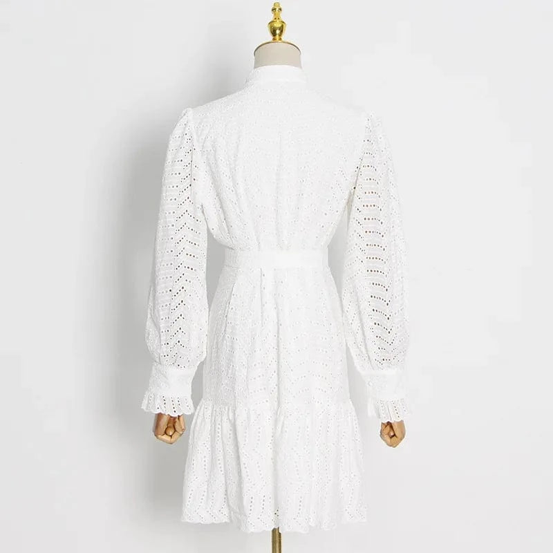 Temperament Celebrity Style Hollow Embroidery Dresses 2022 Autumn New Puff Sleeves Belt Waist Dress Women