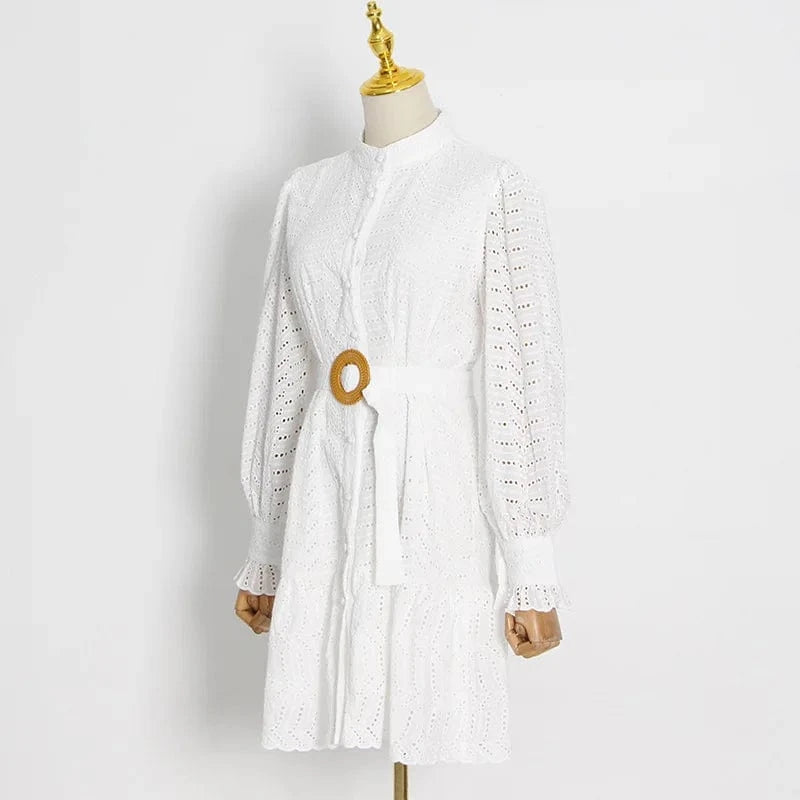 Temperament Celebrity Style Hollow Embroidery Dresses 2022 Autumn New Puff Sleeves Belt Waist Dress Women