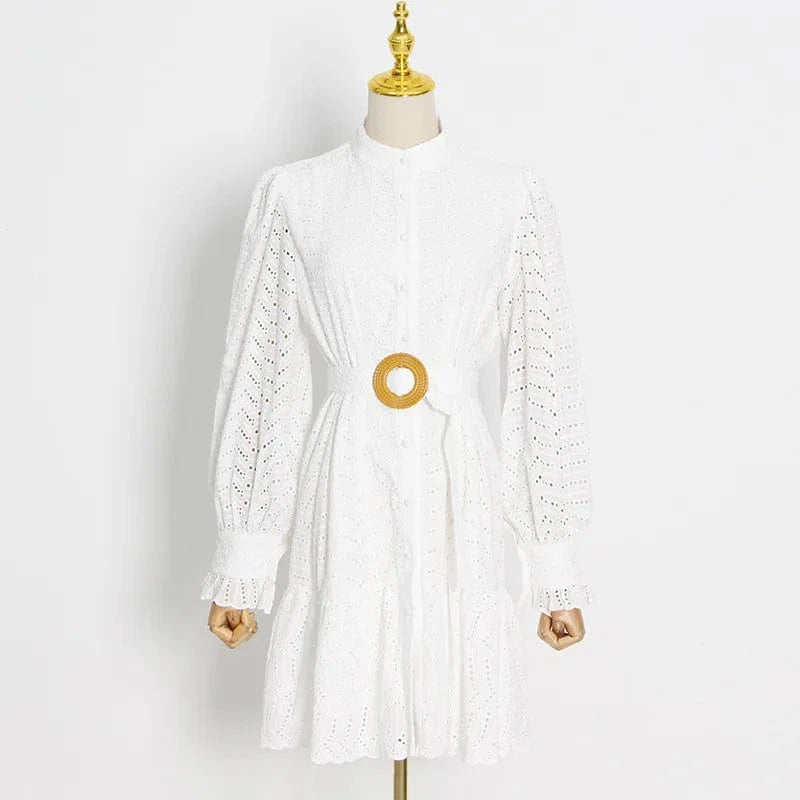 Temperament Celebrity Style Hollow Embroidery Dresses 2022 Autumn New Puff Sleeves Belt Waist Dress Women