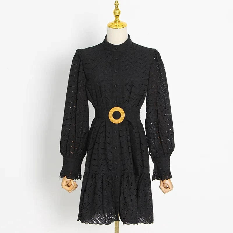 Temperament Celebrity Style Hollow Embroidery Dresses 2022 Autumn New Puff Sleeves Belt Waist Dress Women