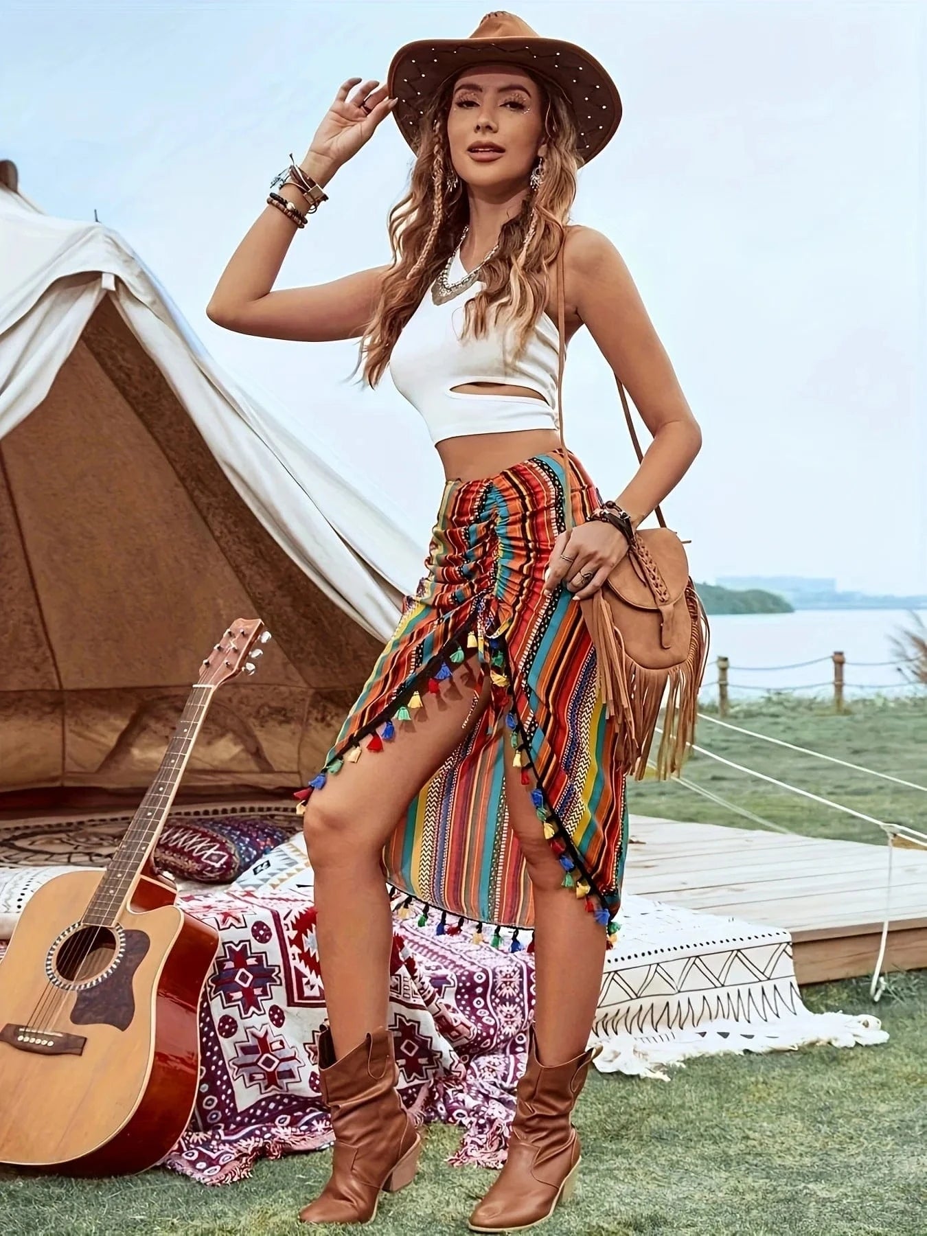 The 2025 Summer Music Festival Women's Pleated Skirt Features Color Blocks Stripes And Asymmetrical Ruffled Decorations