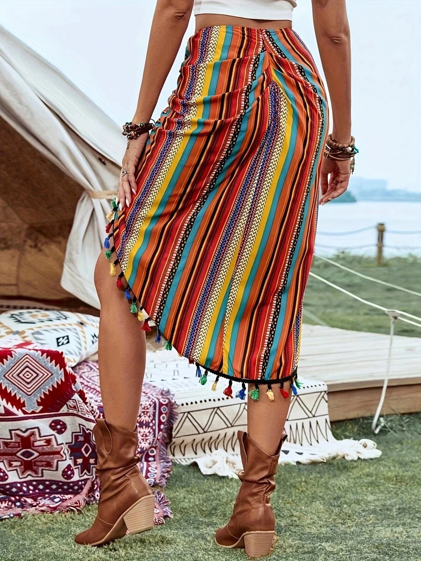 The 2025 Summer Music Festival Women's Pleated Skirt Features Color Blocks Stripes And Asymmetrical Ruffled Decorations