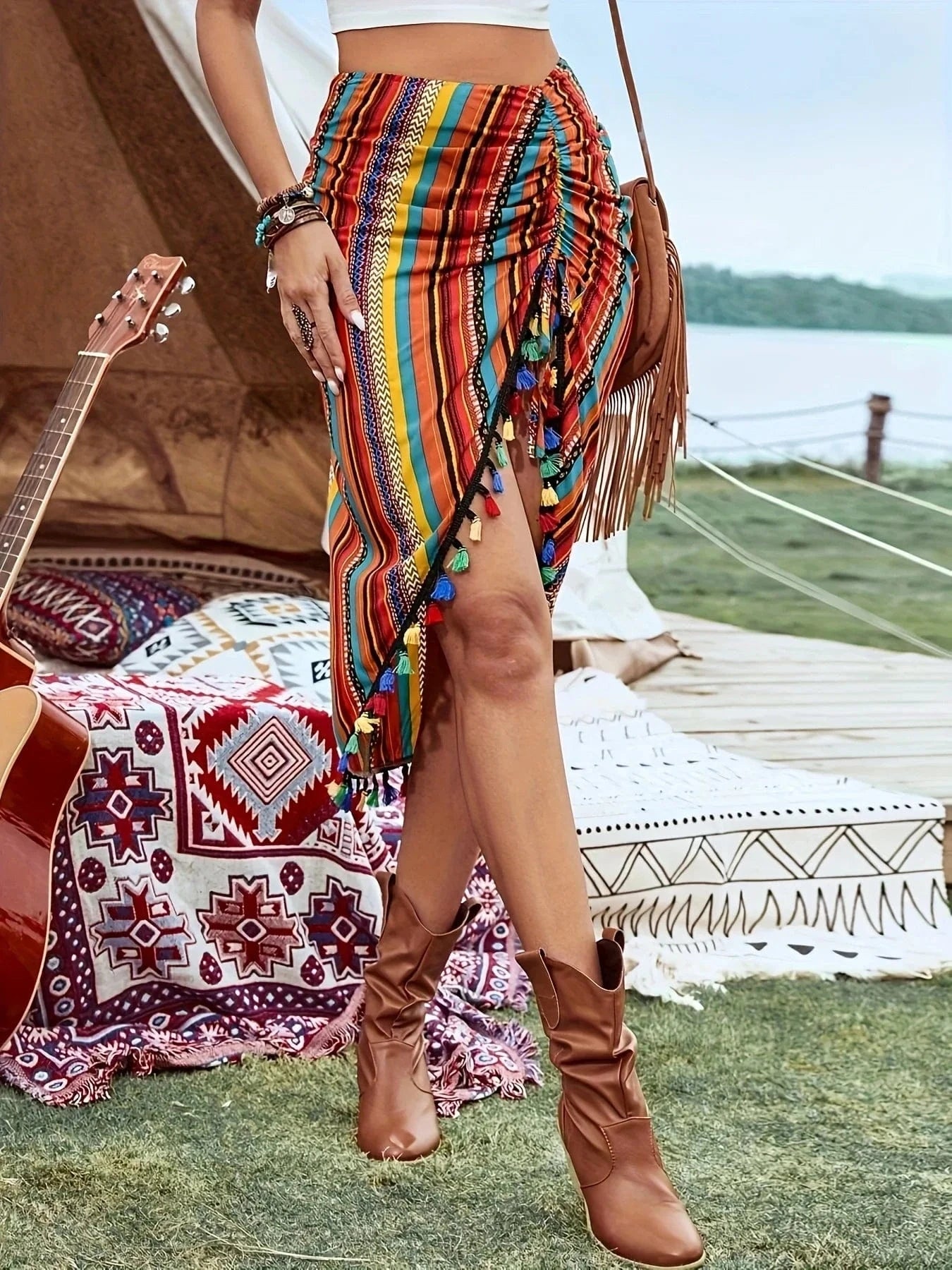 The 2025 Summer Music Festival Women's Pleated Skirt Features Color Blocks Stripes And Asymmetrical Ruffled Decorations