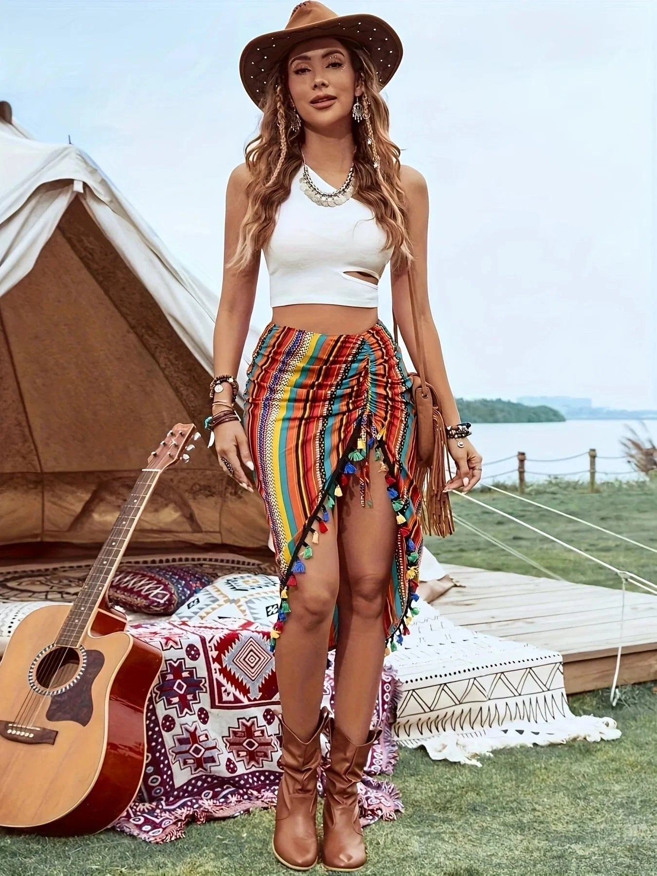 The 2025 Summer Music Festival Women's Pleated Skirt Features Color Blocks Stripes And Asymmetrical Ruffled Decorations