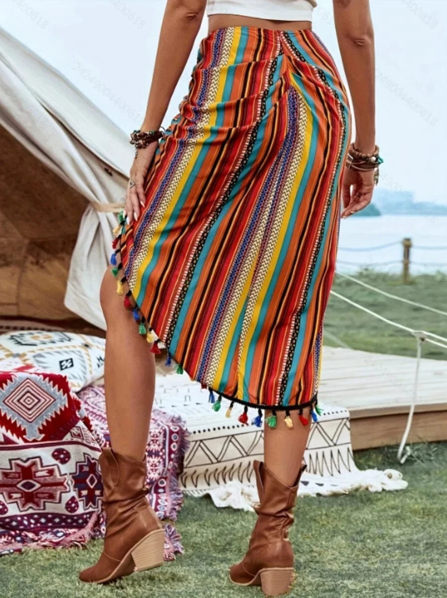 The 2025 Summer Music Festival Women's Pleated Skirt Features Color Blocks Stripes And Asymmetrical Ruffled Decorations