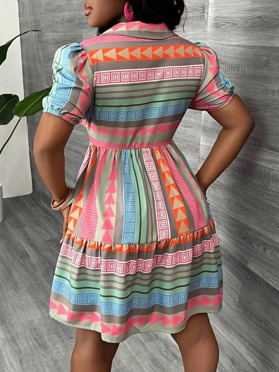 The new summer vacation style French sweet princess sleeve geometric print shirt dress is suitable for casual vacations