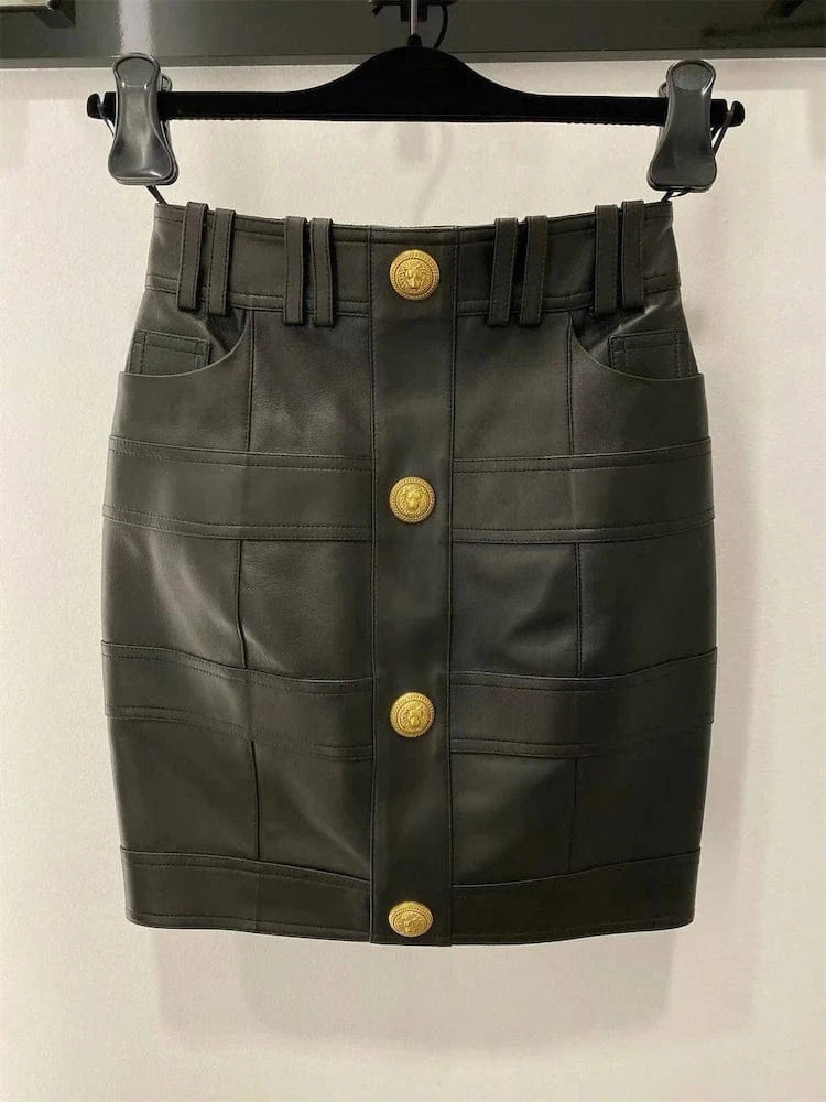 The Skirt Only / M HIGH QUALITY Newest Fashion 2024 Designer Skirt Women's Faux Leather Patchwork Lion Buttons Mini Skirt
