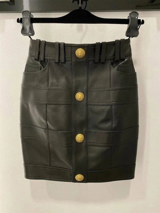 The Skirt Only / M HIGH QUALITY Newest Fashion 2024 Designer Skirt Women's Faux Leather Patchwork Lion Buttons Mini Skirt