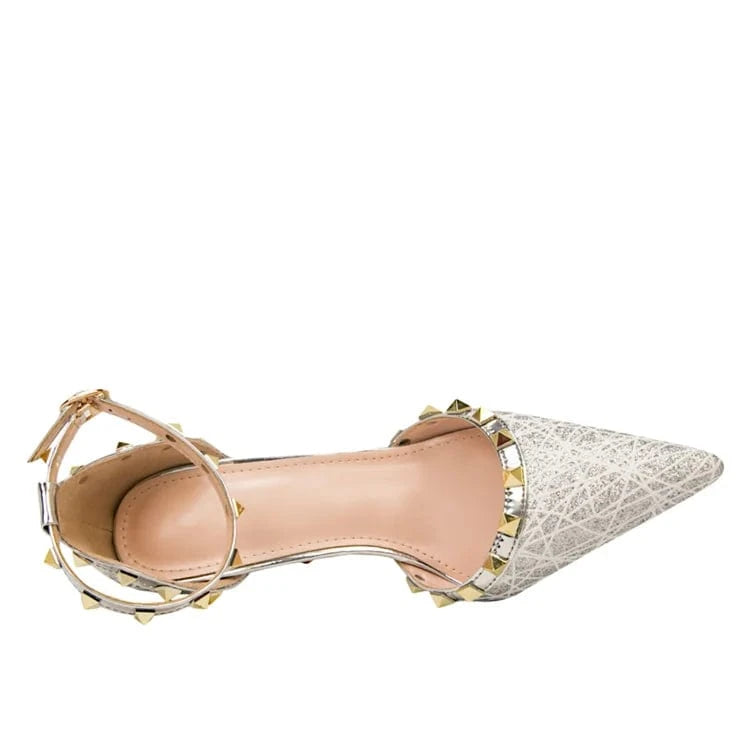 Thin heel shallow point perforated rivet one word belt shoes women heels