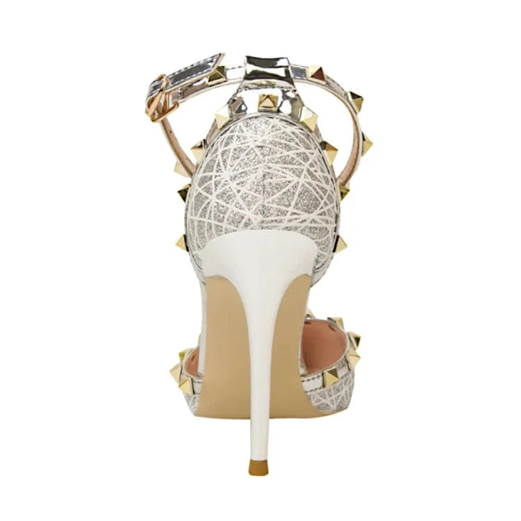 Thin heel shallow point perforated rivet one word belt shoes women heels