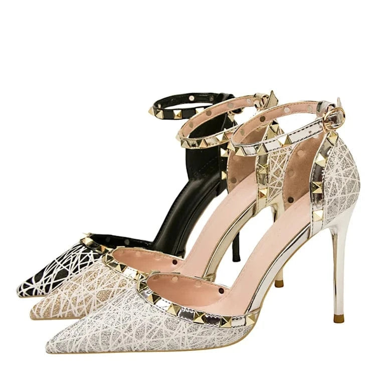Thin heel shallow point perforated rivet one word belt shoes women heels
