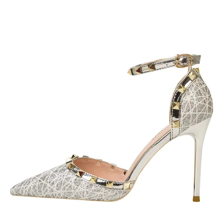 Thin heel shallow point perforated rivet one word belt shoes women heels