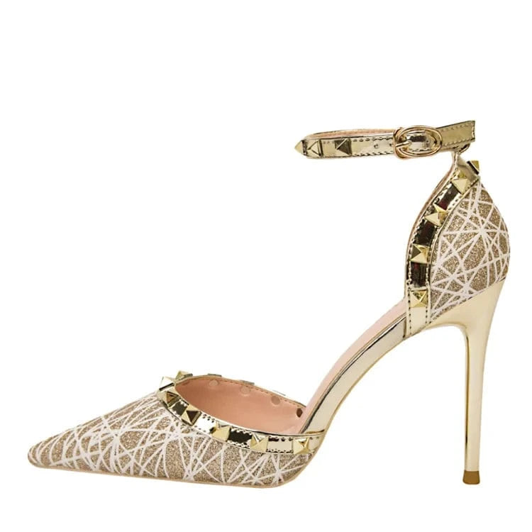 Thin heel shallow point perforated rivet one word belt shoes women heels