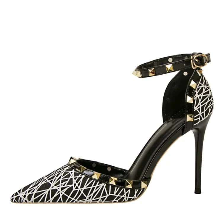 Thin heel shallow point perforated rivet one word belt shoes women heels