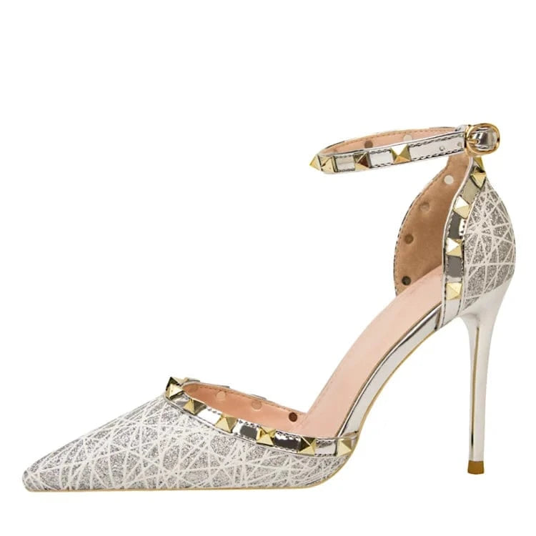 Thin heel shallow point perforated rivet one word belt shoes women heels