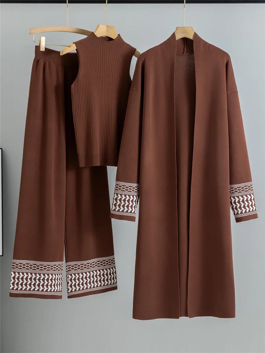 Three - Piece Knit Set With Vest Sweater And Long Cardigan And Wide - Leg Pants – Korean Design Chic Style - SN Wigs & More
