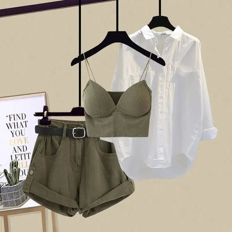 Three-piece suit 01 / XXL 62.5-67.5KG Spring/Summer Fashion Women's Set 2023 New Korean Edition Age Reducing Sling Casual Shirt Shorts Three Piece Set