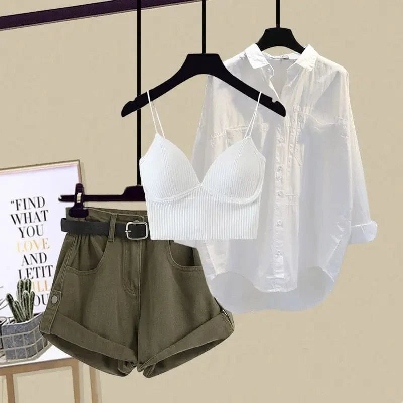Three-piece suit 02 / XXL 62.5-67.5KG Spring/Summer Fashion Women's Set 2023 New Korean Edition Age Reducing Sling Casual Shirt Shorts Three Piece Set