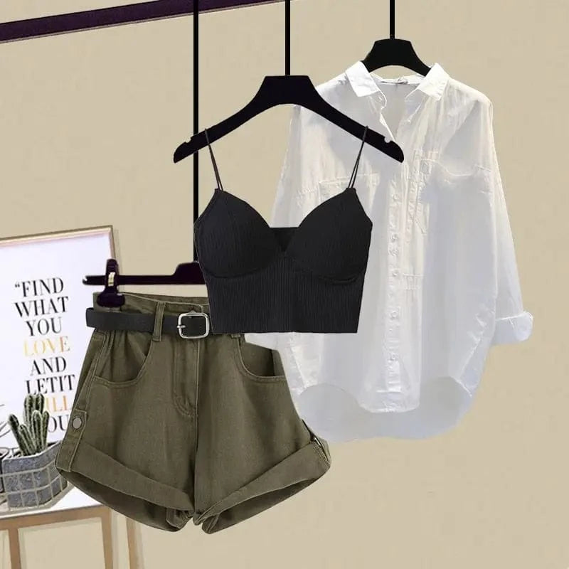 Three-piece suit 03 / XXL 62.5-67.5KG Spring/Summer Fashion Women's Set 2023 New Korean Edition Age Reducing Sling Casual Shirt Shorts Three Piece Set
