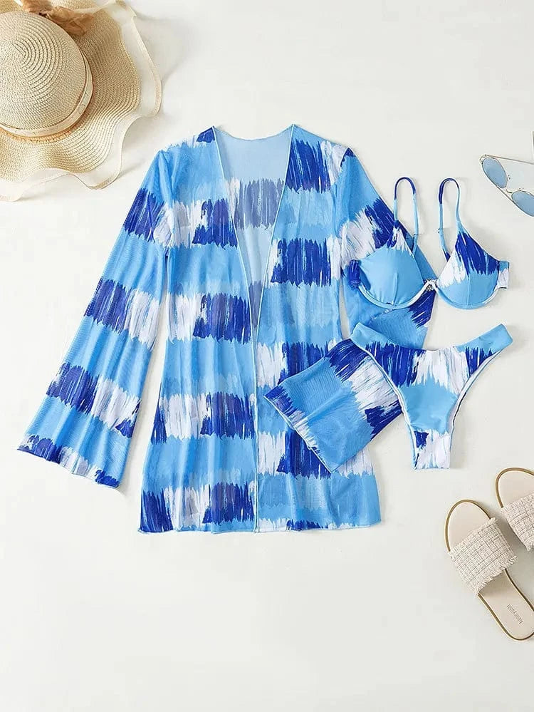 Three Pieces Bikini Set Cover Up Women 2024 New Push Up Twist Swimsuit Print Long Sleeve Swimwear Biquini Bathing Suit Summer