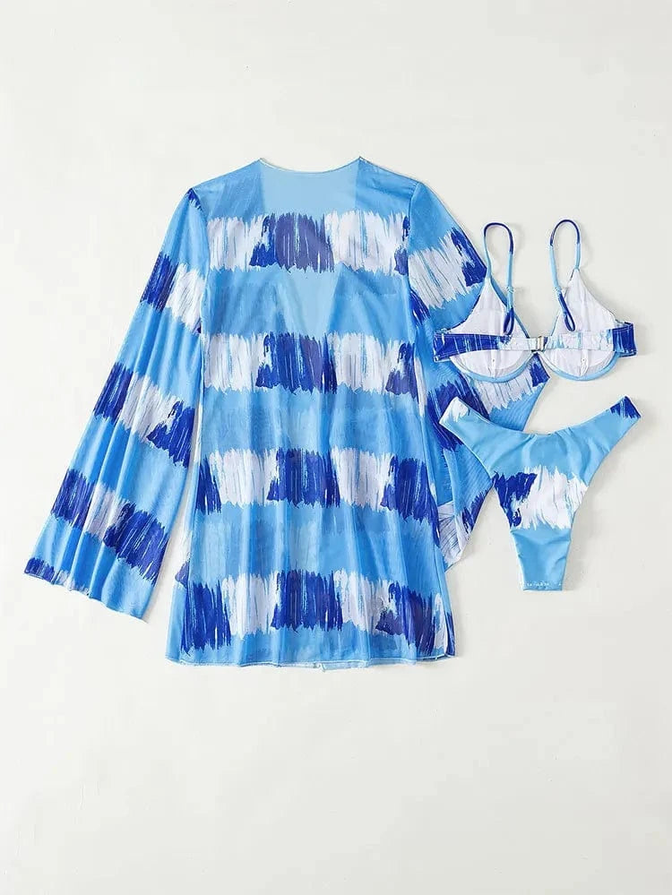 Three Pieces Bikini Set Cover Up Women 2024 New Push Up Twist Swimsuit Print Long Sleeve Swimwear Biquini Bathing Suit Summer