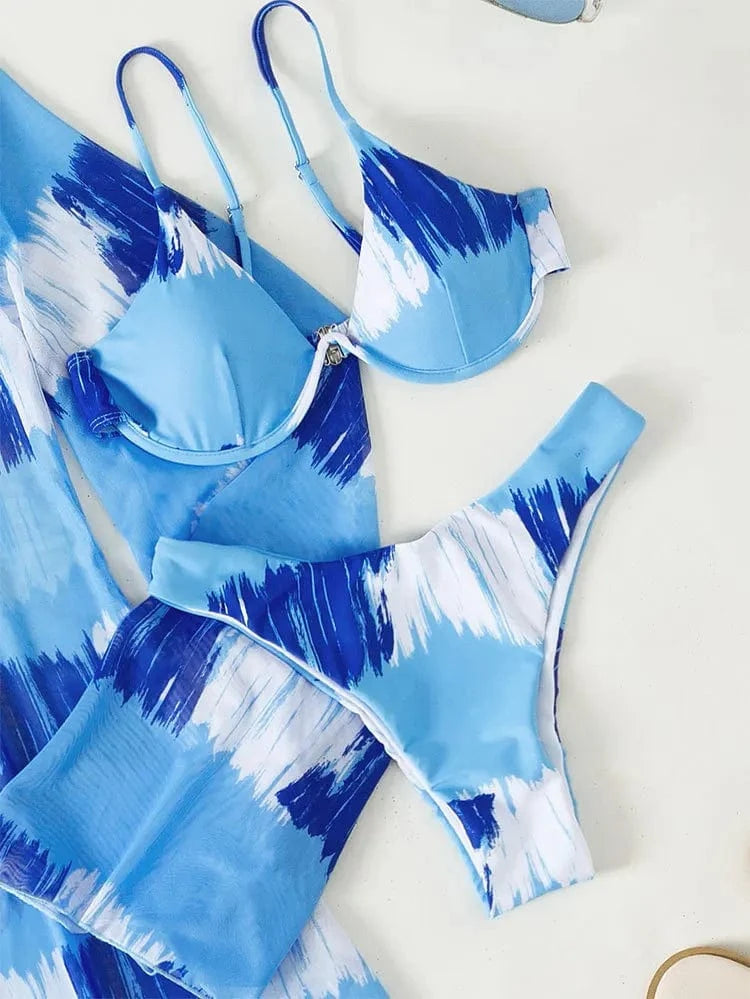 Three Pieces Bikini Set Cover Up Women 2024 New Push Up Twist Swimsuit Print Long Sleeve Swimwear Biquini Bathing Suit Summer