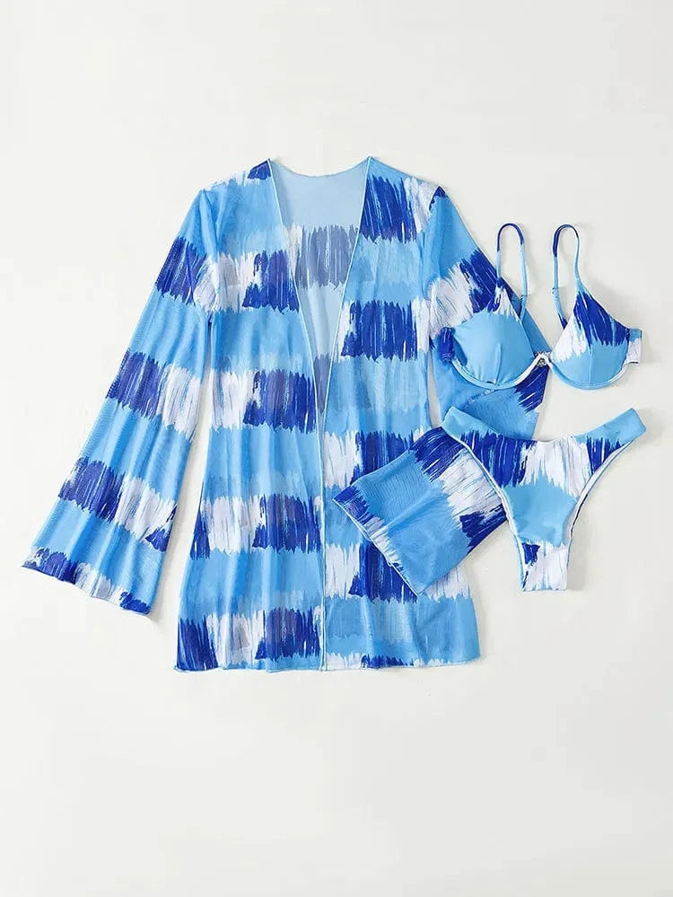 Three Pieces Bikini Set Cover Up Women 2024 New Push Up Twist Swimsuit Print Long Sleeve Swimwear Biquini Bathing Suit Summer