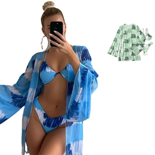 Three Pieces Bikini Set Cover Up Women 2024 New Push Up Twist Swimsuit Print Long Sleeve Swimwear Biquini Bathing Suit Summer
