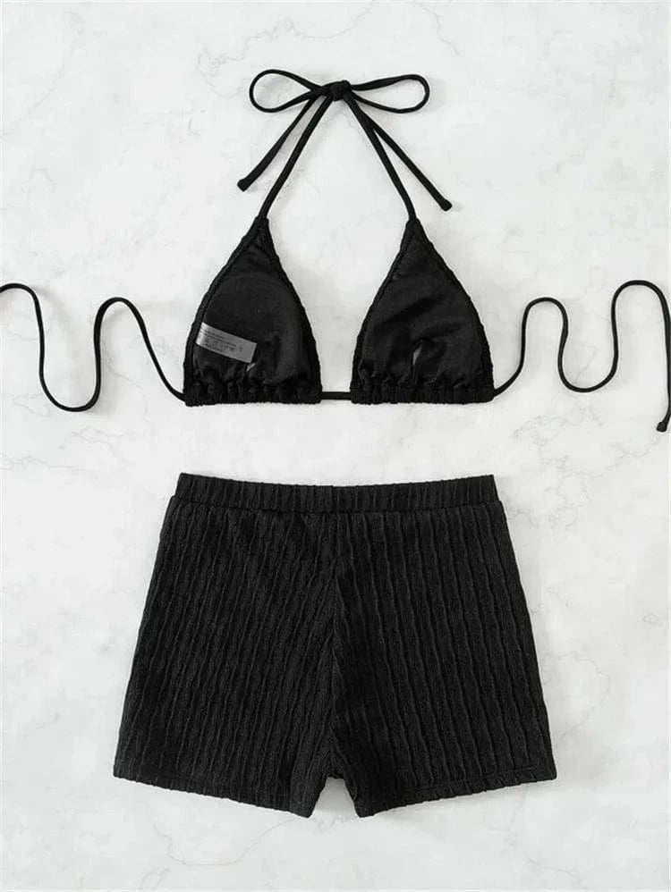 Tie Back Halter Bikinis 2024 Women High Waist Swimsuit Solid Padded Swimwear Female Bathers Bathing Swimming Swim Suit