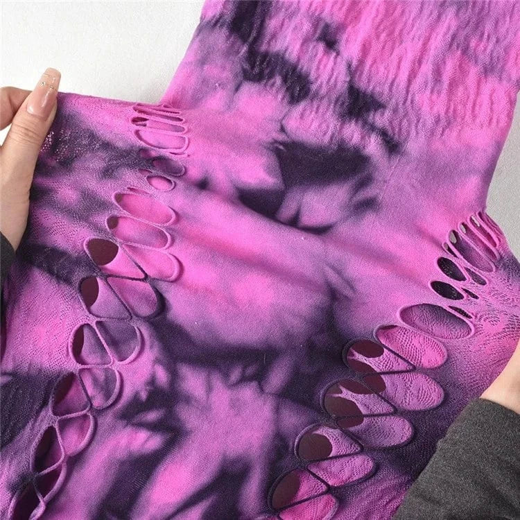 Tie Dye Print Women High Waist Bodycon Elastic Cut Out Side Jumpsuit for 2024 Summer Sexy Playsuit