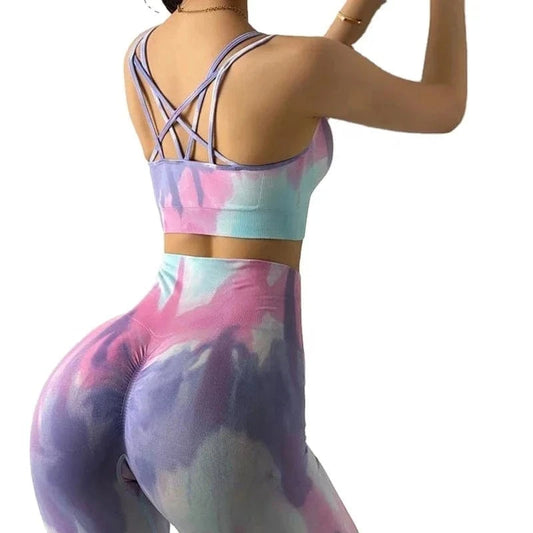 Tie Dyed Yoga Suits Sports Leggings Women Seamless High Waist Push Up Tights Fitness Workout Jogger Sets Recycled Gym Sportswear