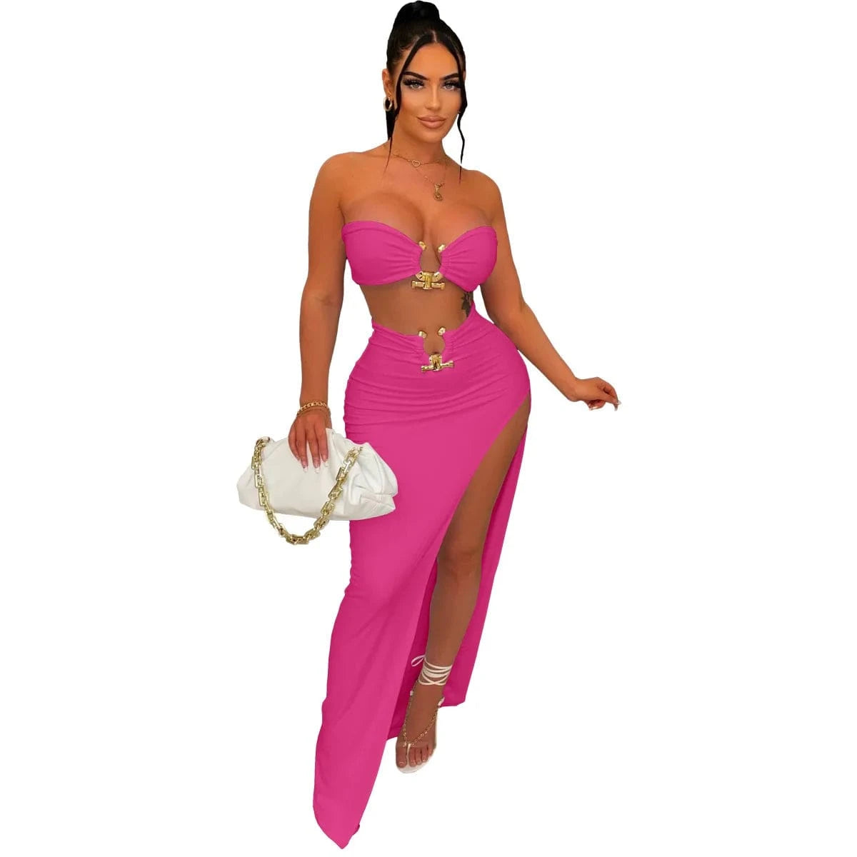 Tight Slit Skirt Two Piece Set Tube Top and Skirt Suit Stretch Women Clothing Set for Woman Summer Two Piece Bra Top Skirt Set