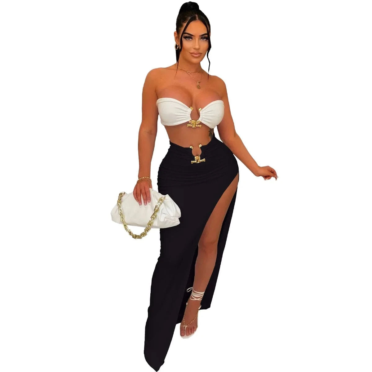 Tight Slit Skirt Two Piece Set Tube Top and Skirt Suit Stretch Women Clothing Set for Woman Summer Two Piece Bra Top Skirt Set