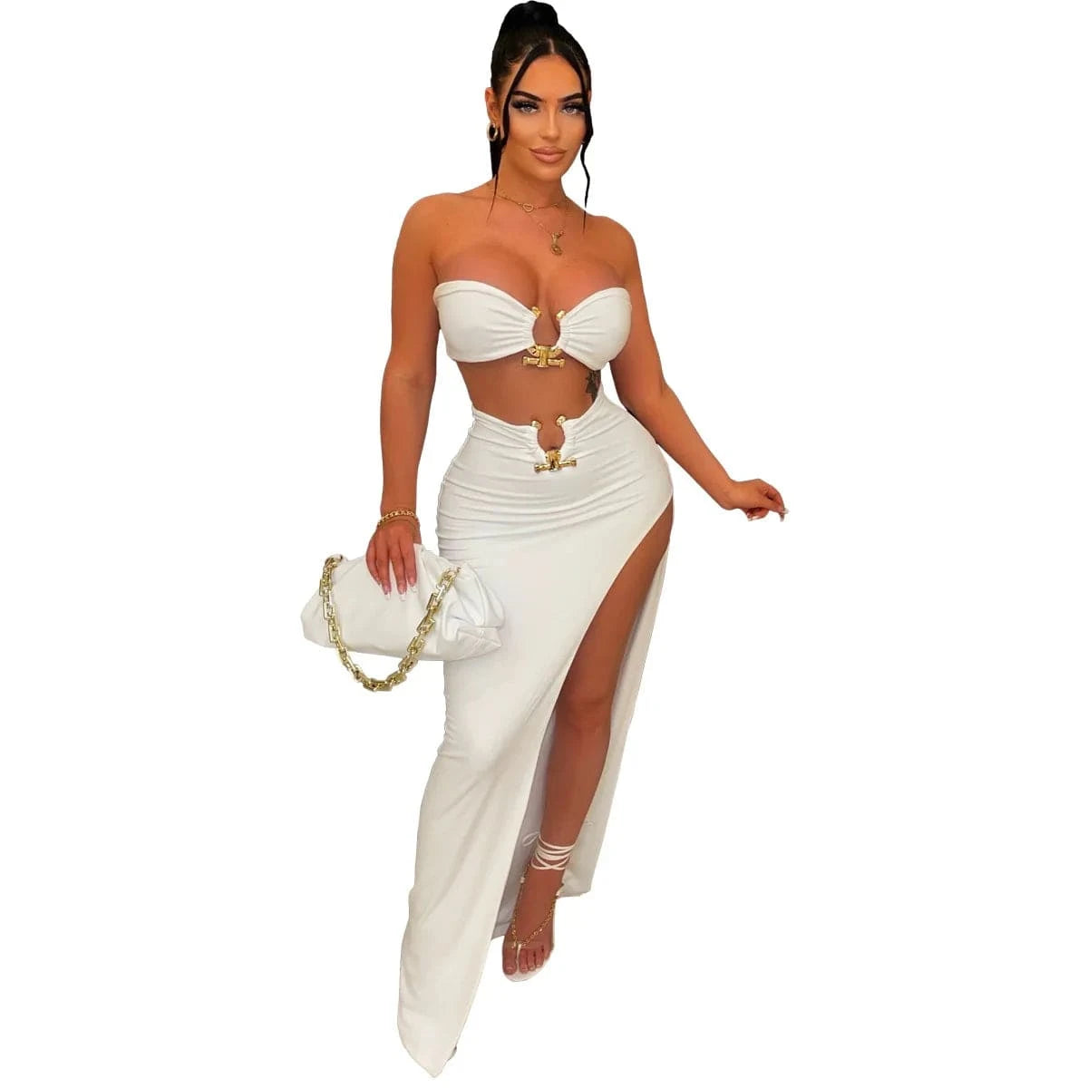Tight Slit Skirt Two Piece Set Tube Top and Skirt Suit Stretch Women Clothing Set for Woman Summer Two Piece Bra Top Skirt Set