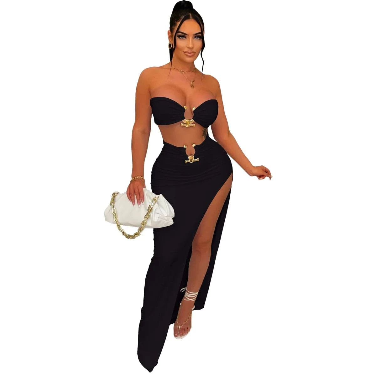 Tight Slit Skirt Two Piece Set Tube Top and Skirt Suit Stretch Women Clothing Set for Woman Summer Two Piece Bra Top Skirt Set
