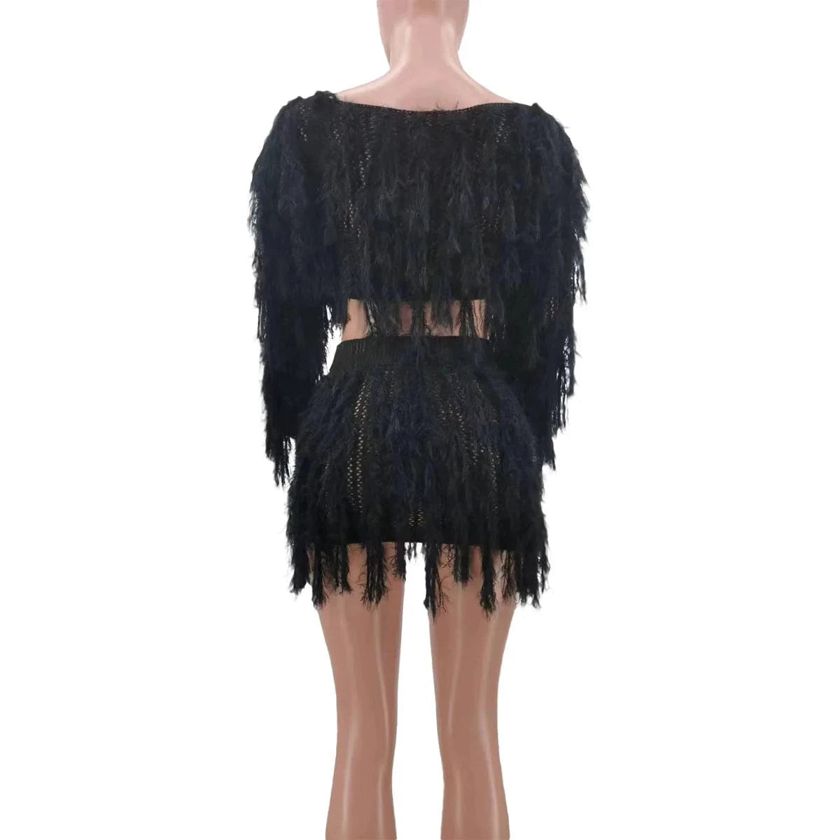 TK6311 Spring Women Clothes Knitted Casual Crop Top 2 Piece Set Long Sleeve Tassel Skirts Two Piece Sets For Women Clothing