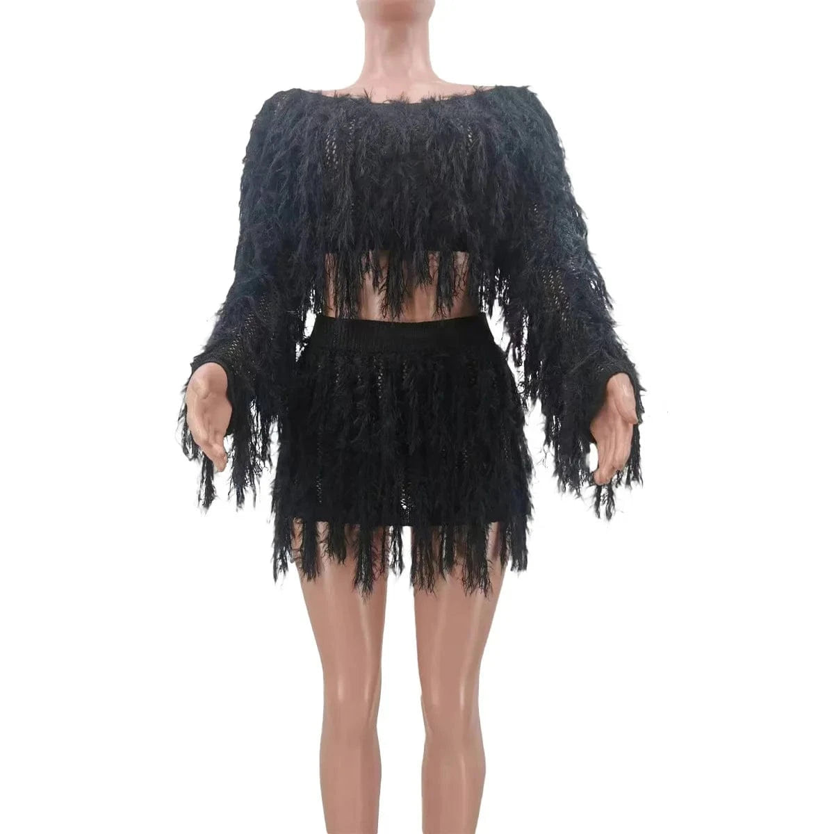 TK6311 Spring Women Clothes Knitted Casual Crop Top 2 Piece Set Long Sleeve Tassel Skirts Two Piece Sets For Women Clothing