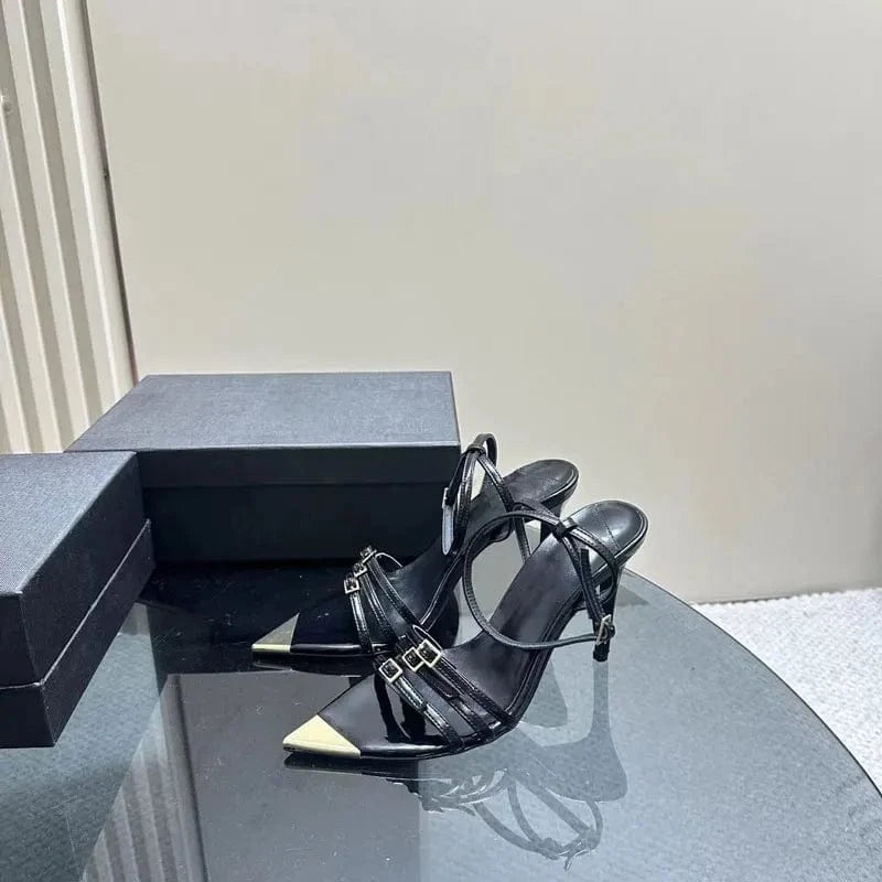 Top quality fashionable metal buckle new pointed sandals designer women sandals high heels womens shoes