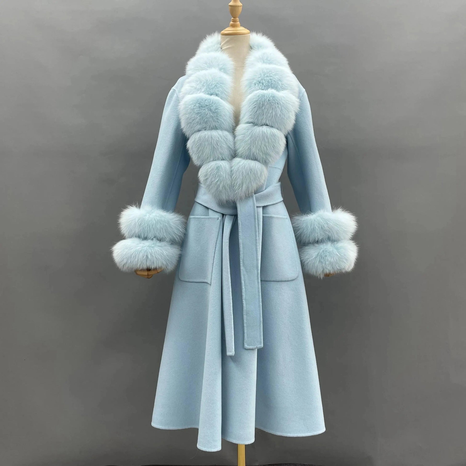 Top Quality Long Cashmere Wool Coat With Fur Collar