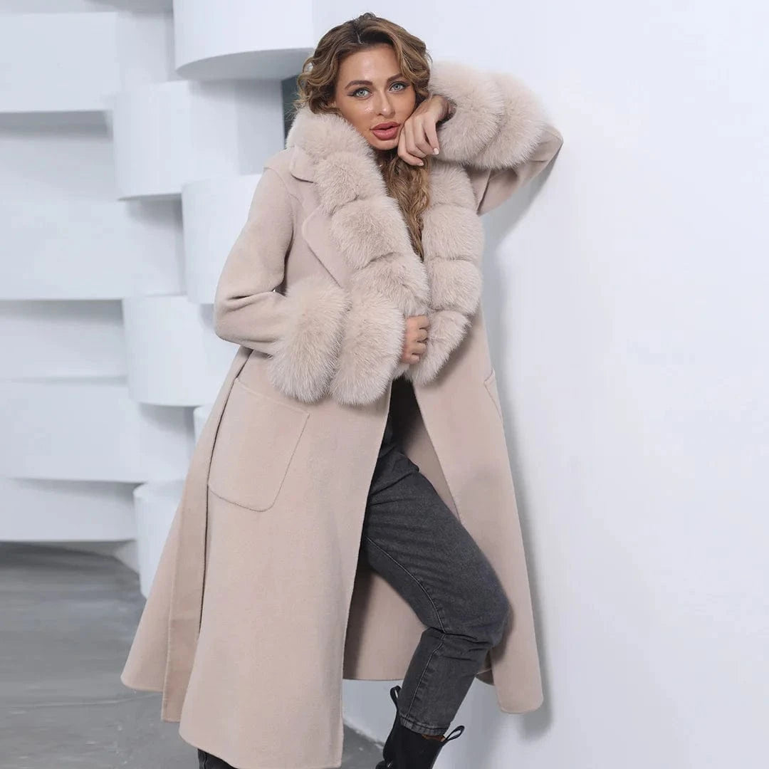 Top Quality Long Cashmere Wool Coat With Fur Collar